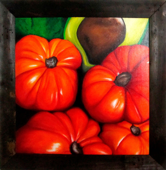 Tomates Margariteños y Aguacate, Acrylic on Canvas, 65x65cm / 25.6x25.6in